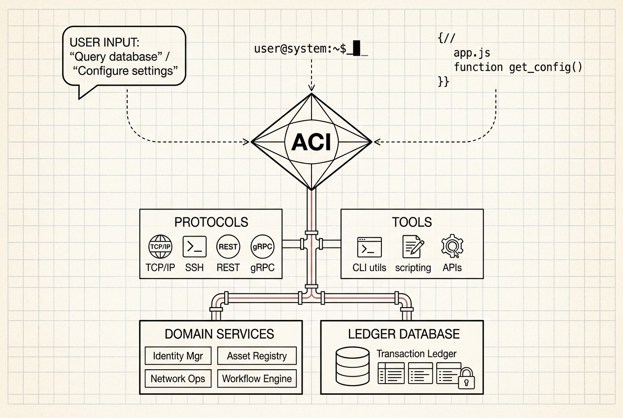 An architectural diagram on grid paper showing natural user input, CLI terminal, and code converging into an ACI diamond, which connects southbound through structured pipes to protocols, tools, and domain services