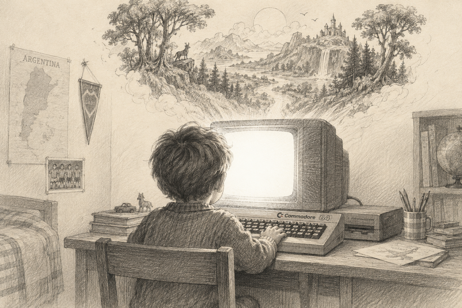 Pencil sketch of a child at a Commodore 64, imagining a world beyond the glowing screen.