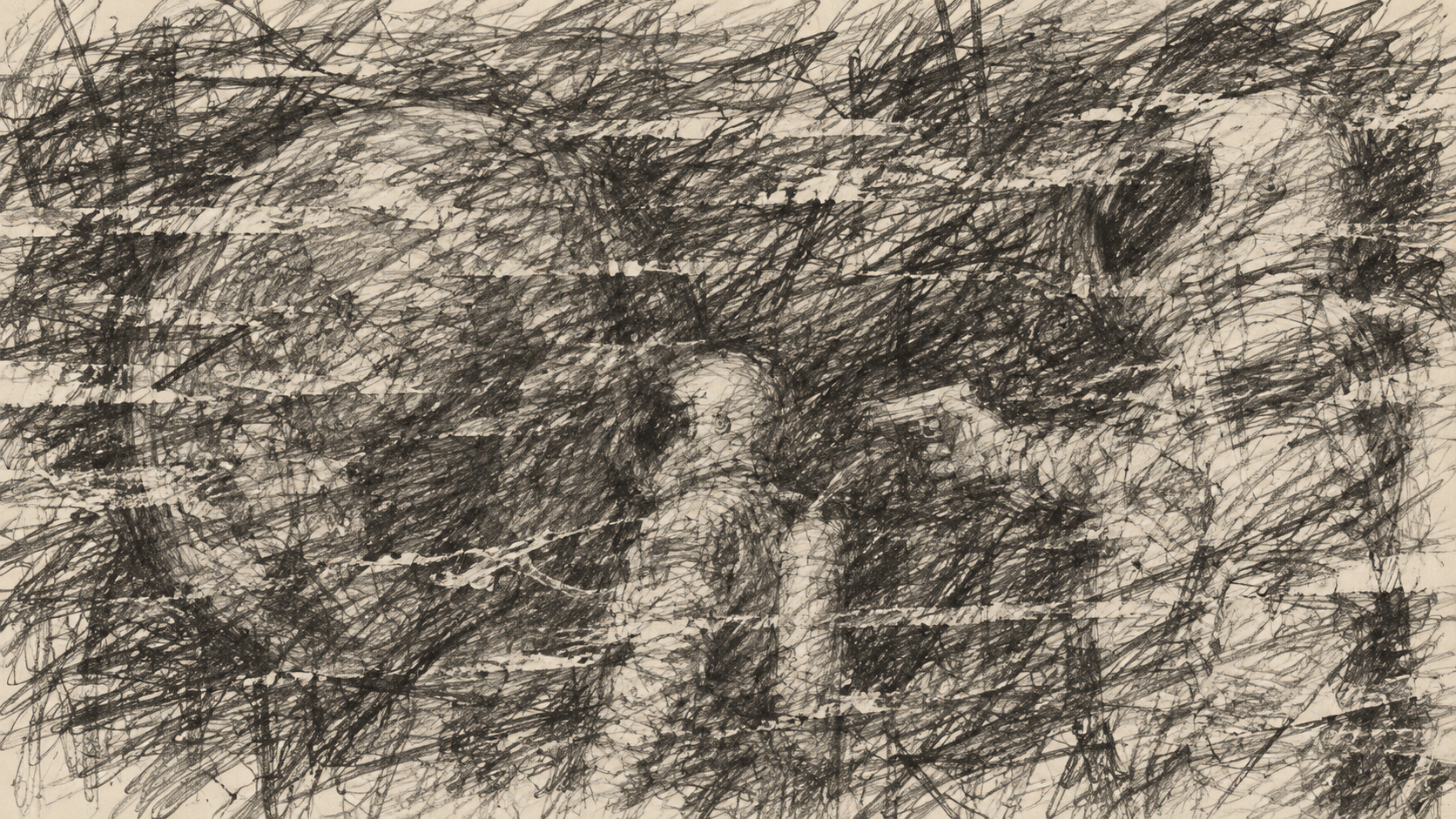 The astronaut meme almost entirely obscured by dense graphite scratches on ivory paper.