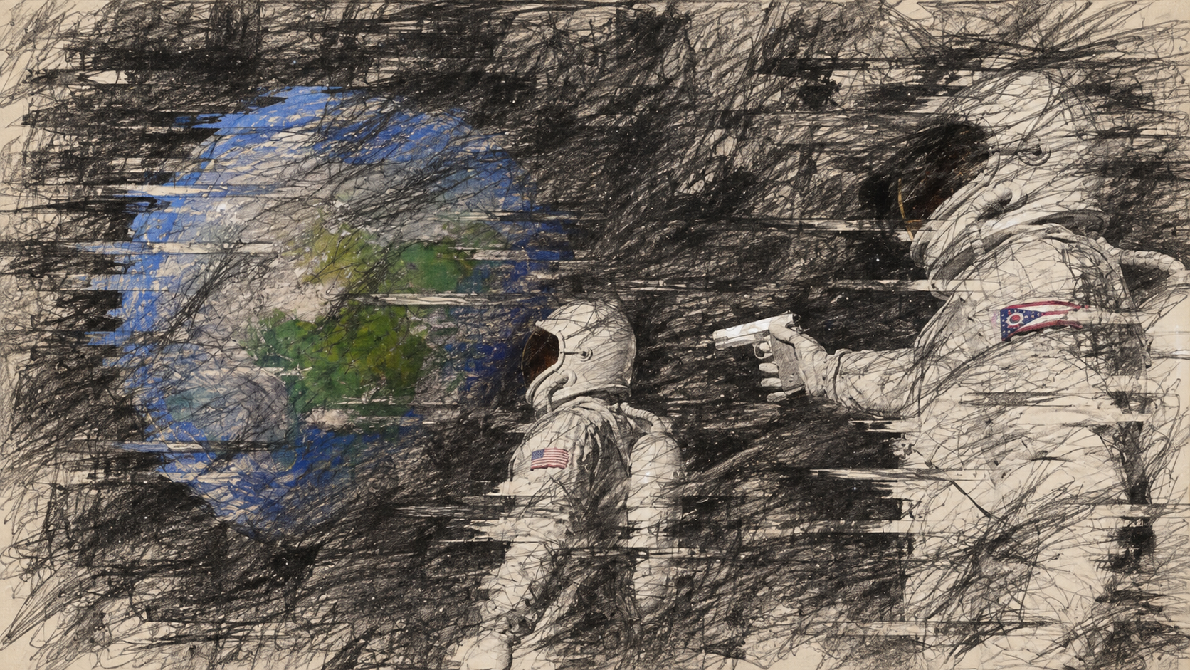Earth and two astronauts emerging through heavy pencil scratches and fragmented color.