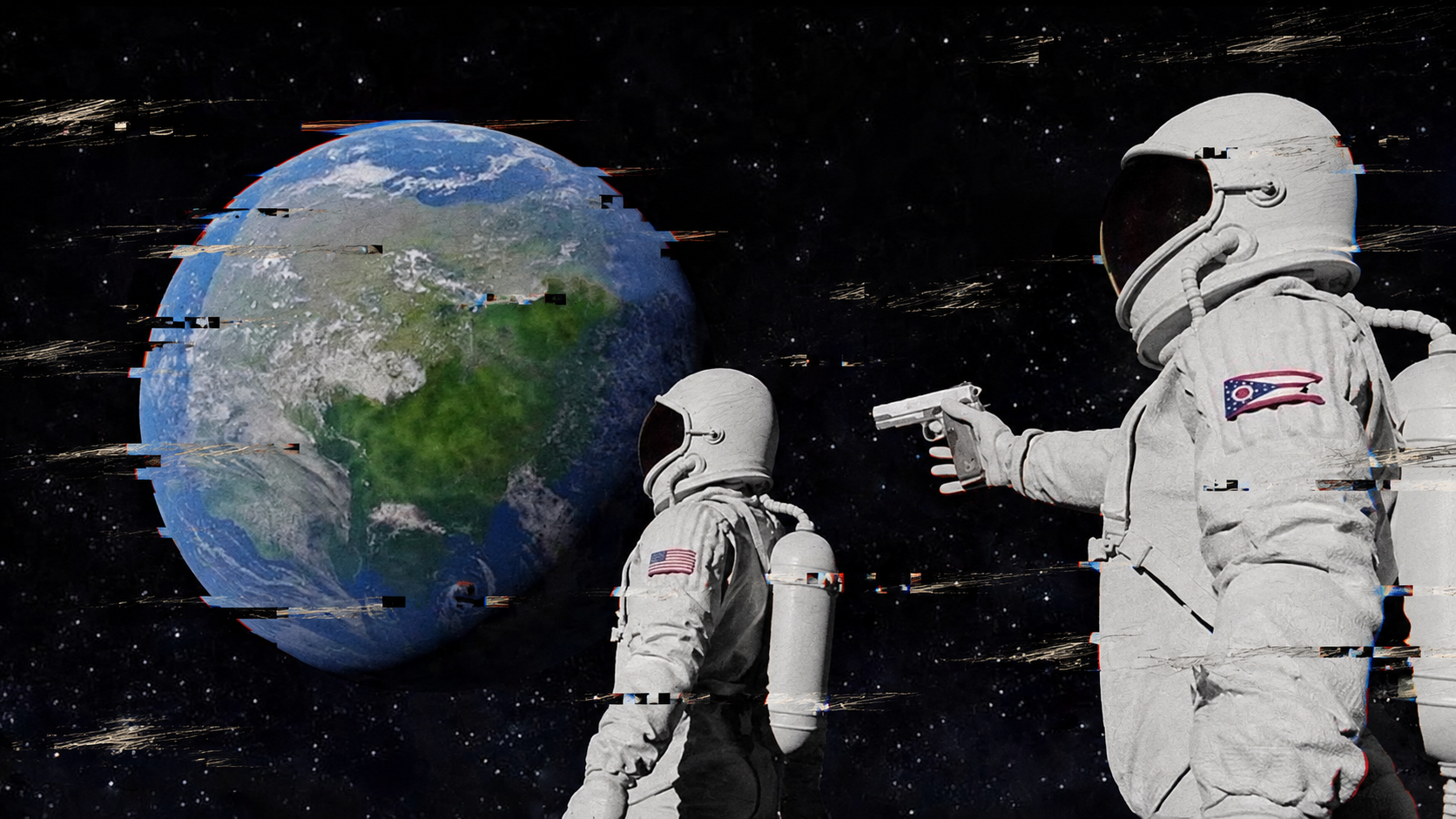 The recognizable astronaut meme with scattered glitches and faint pencil scratches.