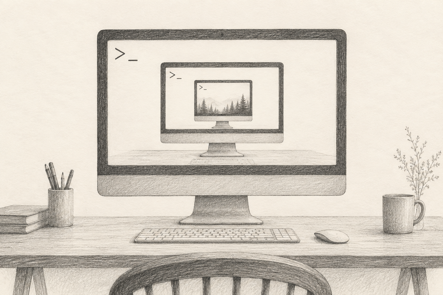 Pencil sketch of three nested terminal monitors, with a forest inside the smallest screen.
