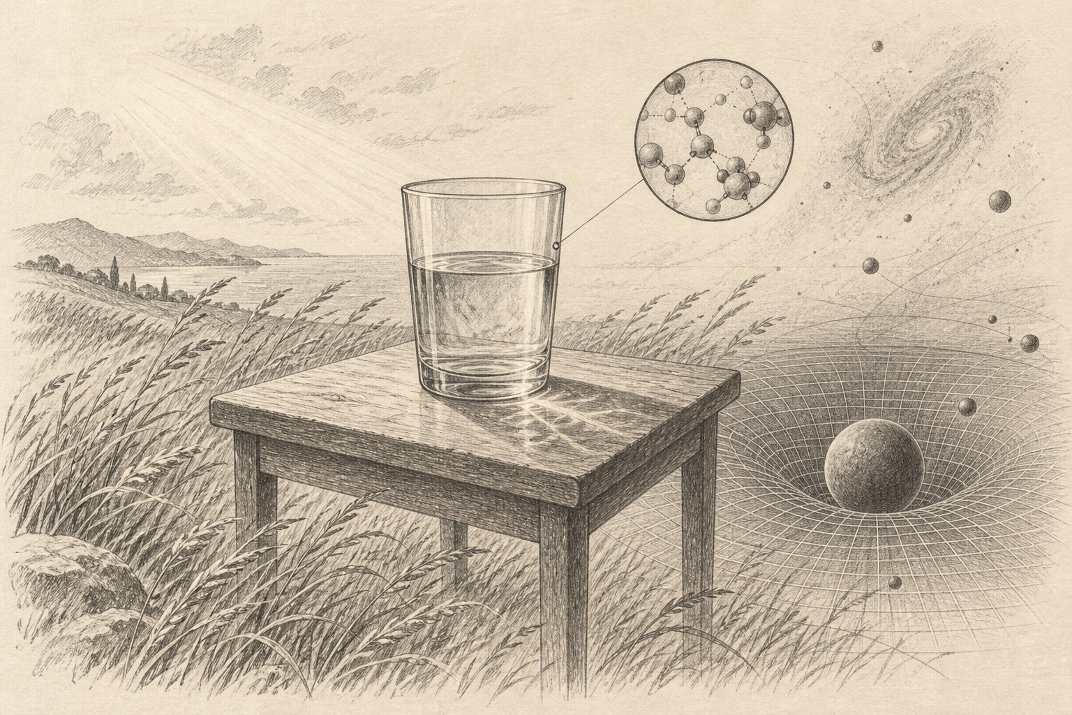 Pencil sketch of light passing through a glass of water, surrounded by windblown grass, molecular connections, and curved spacetime.