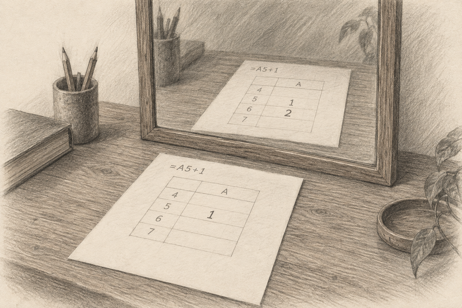 Pencil sketch of a spreadsheet with an empty result cell, while its reflection in a mirror shows the number 2.