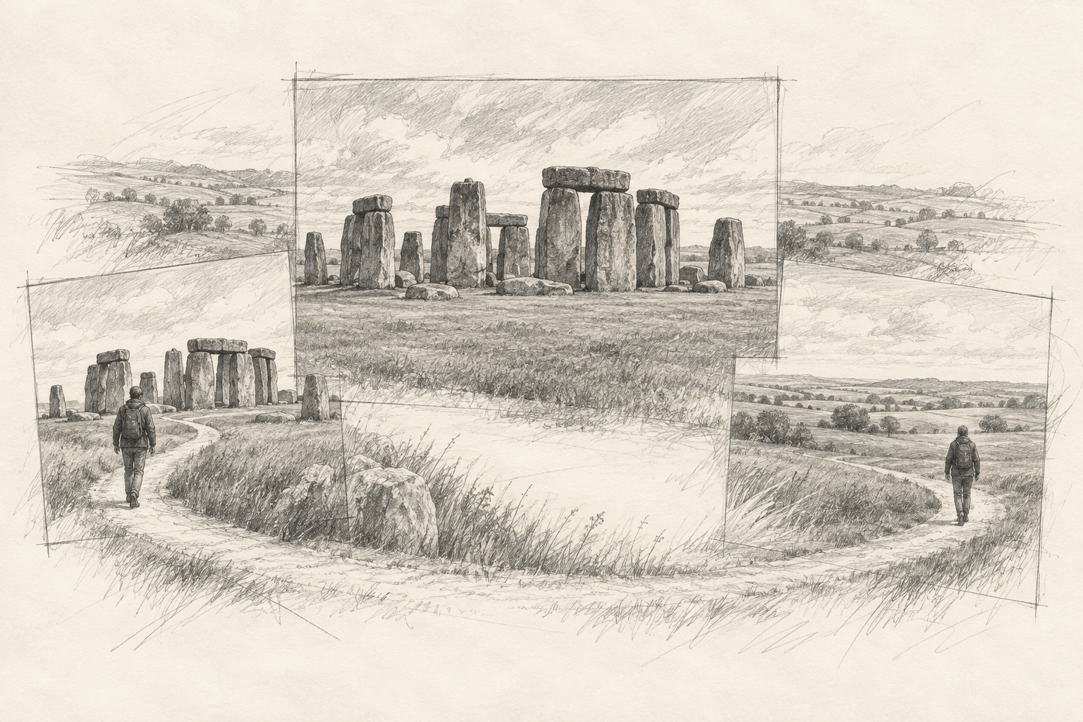 Pencil sketch of Stonehenge across changing viewpoints, with the monument persisting when the walker returns.
