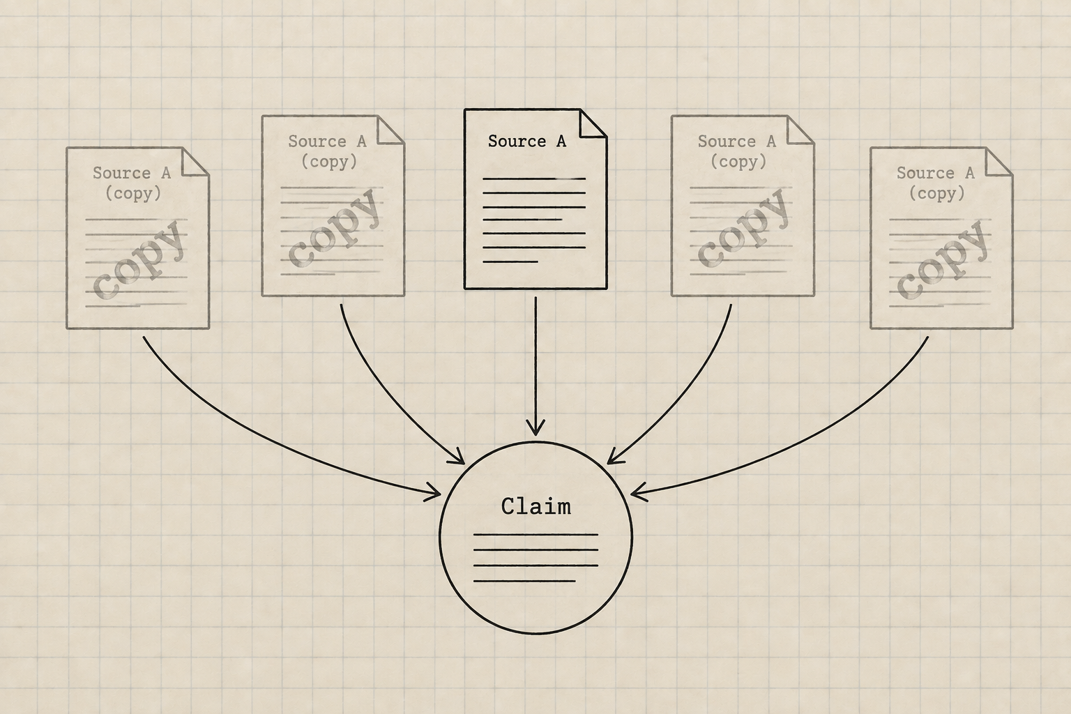 A central claim node with five incoming edges, four of the source nodes drawn as faded photocopies of the fifth