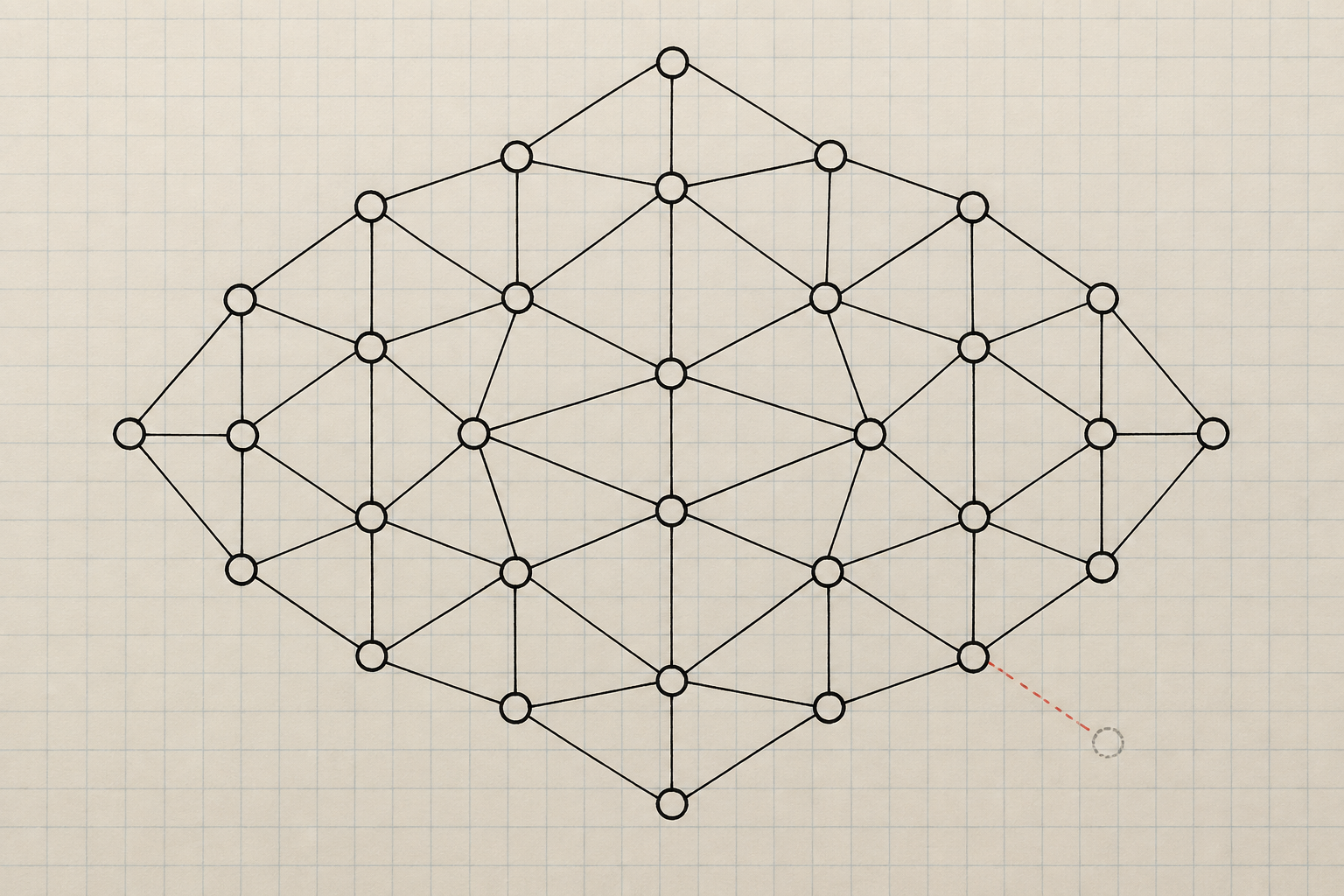 A tidy node-and-edge graph in black ink on grid paper, with one dashed red edge leading to a faintly outlined node in the lower right