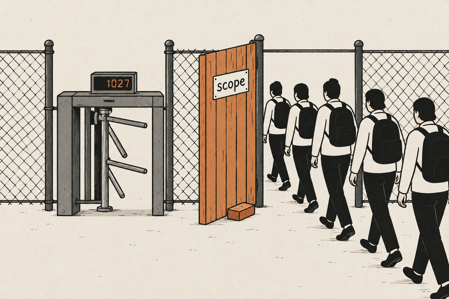A turnstile with an unchanged counter beside an open wooden side gate labelled scope, with figures walking through the side gate