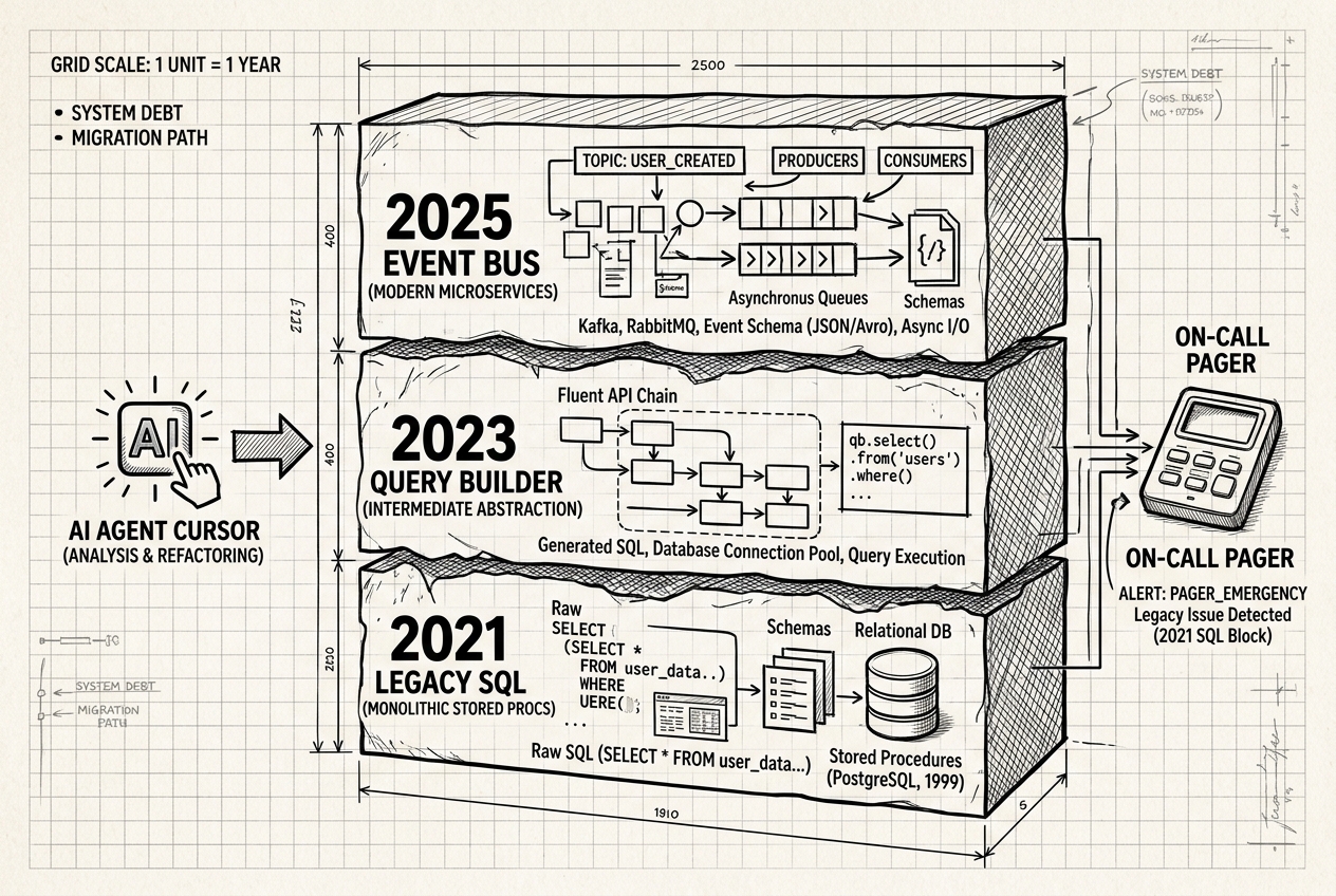 A technical architectural blueprint on grid paper showing a cross-section of code sediment across multiple years, with an AI agent cursor inspecting the layers while an on-call pager monitors operational alerts
